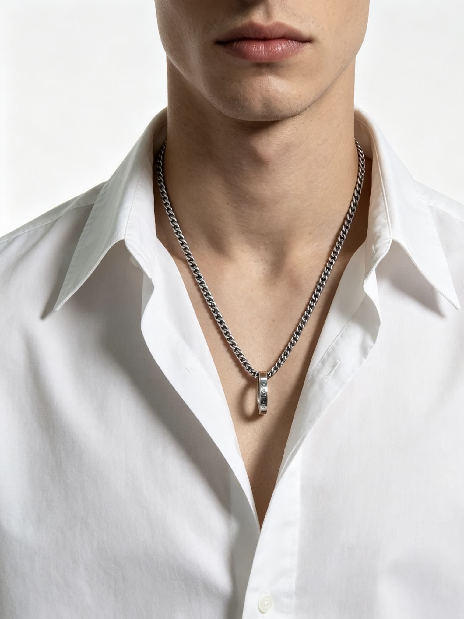 Louis Vuitton Silver Chain Necklace with Ring and Logo Charm